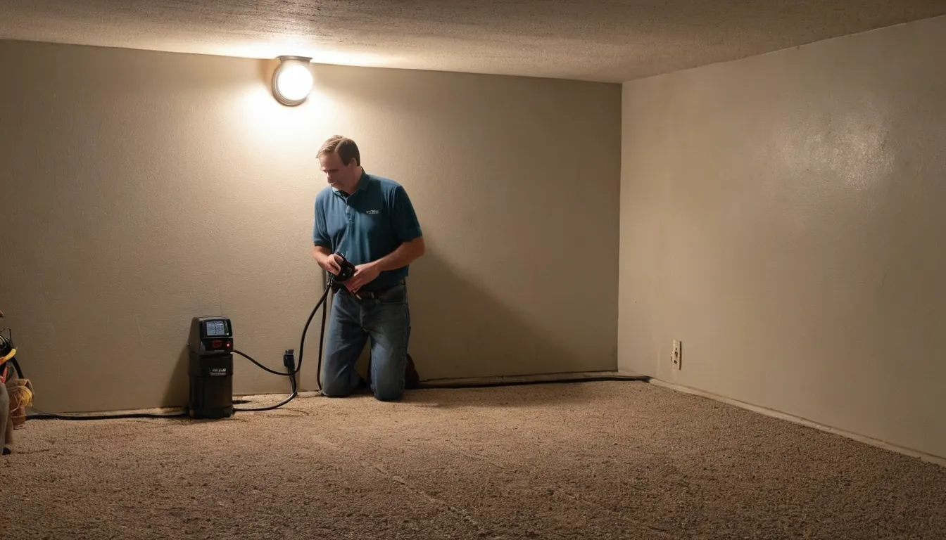 A provider inspecting a basement wall near a sump pump in a St. Michael home
