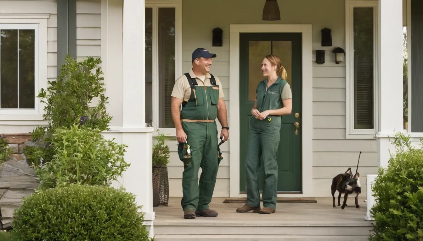 A homeowner talking with a pest control provider at the front door of a house in St. Michael